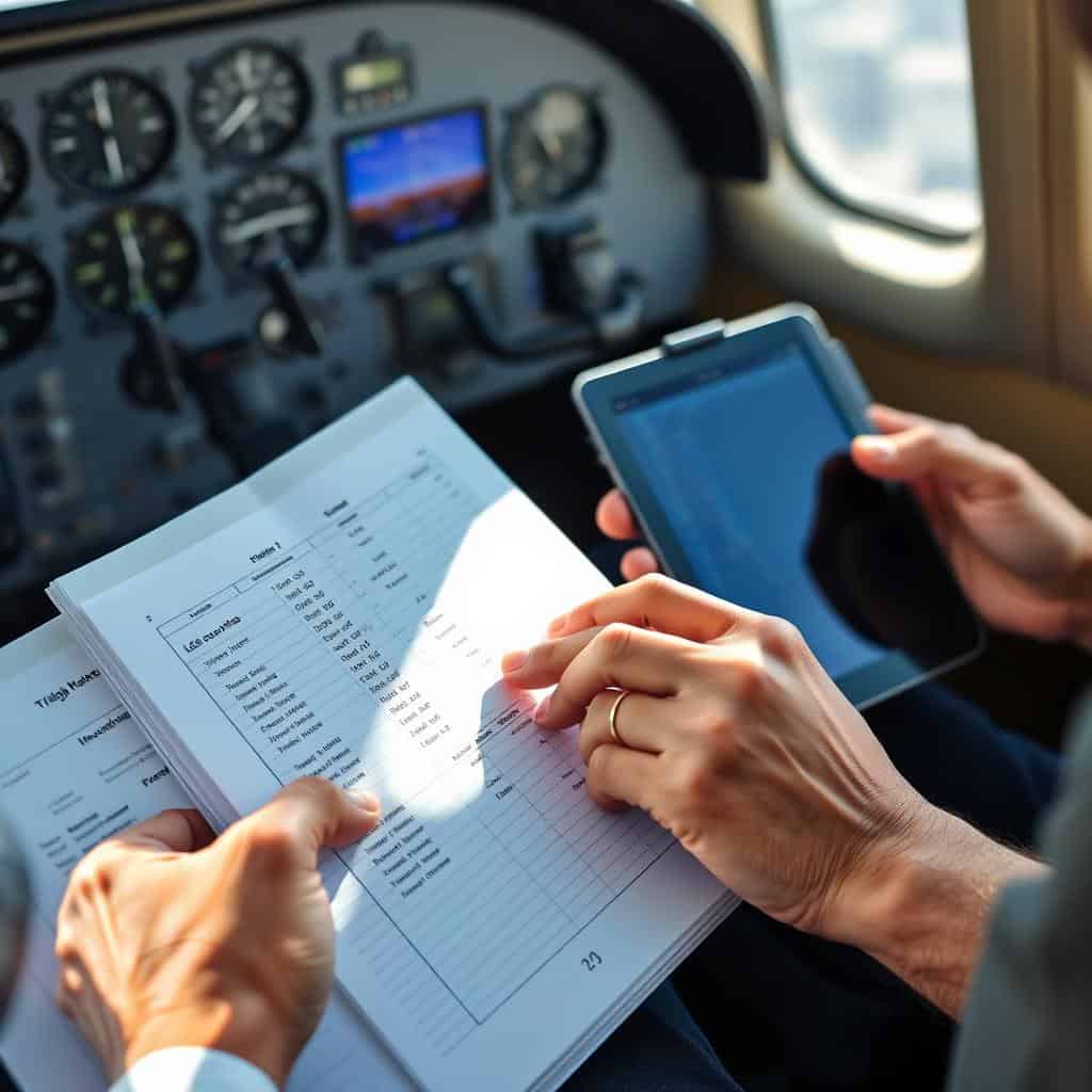 Experienced VLJ pilot reviewing logbook entries