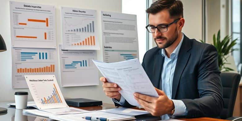 Insurance underwriter reviewing medical records for a Type 2 diabetic applicant