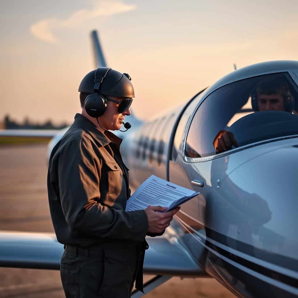 Pilot conducting pre-flight safety inspection of VLJ