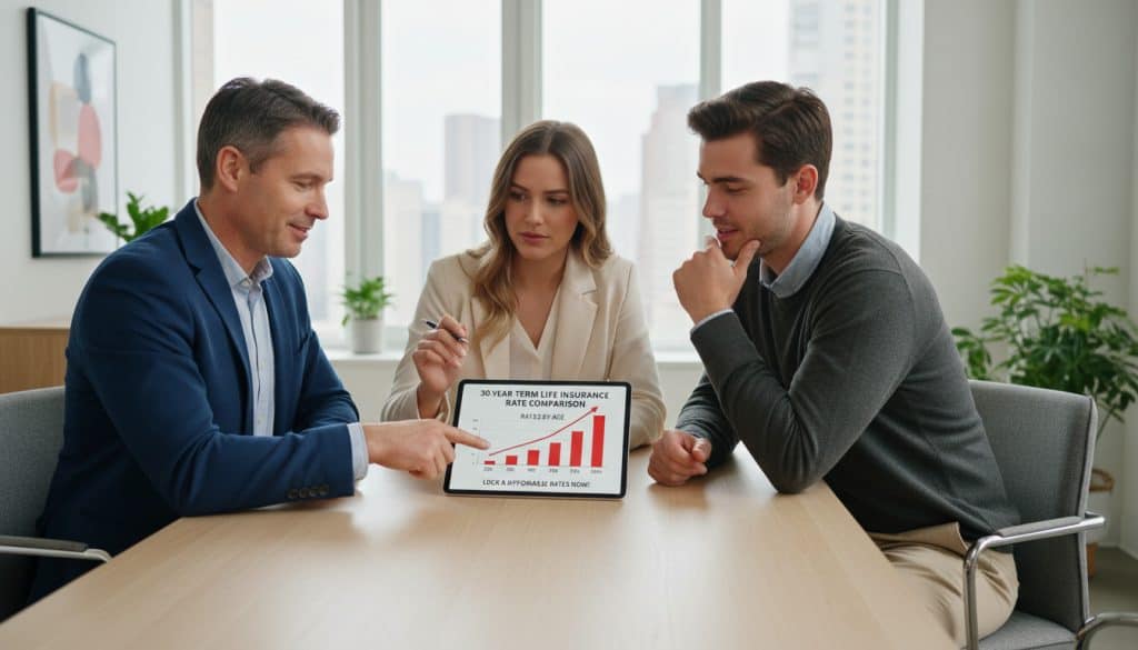 Young couple meeting with insurance agent to lock in 30-year term rates early